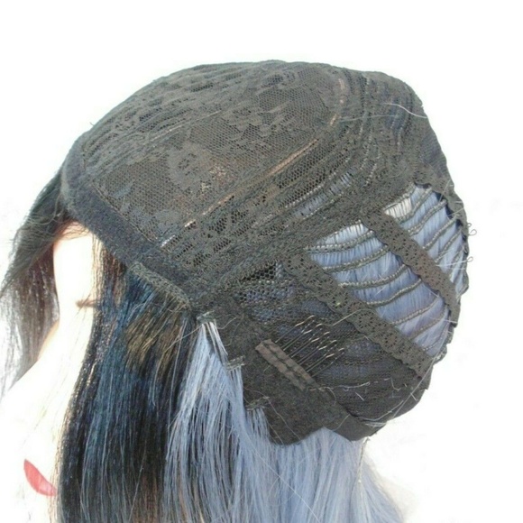 New Lace Part Long Straight Blue Silver Ombre Wig main image 7